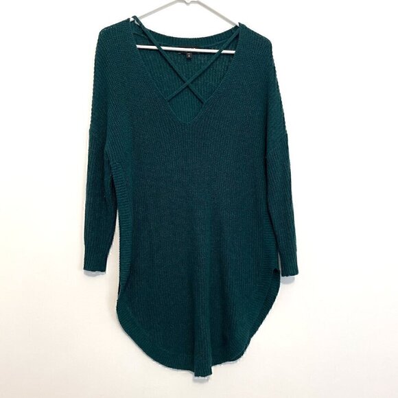 EXPRESS Strappy Circle Hem Tunic Sweater Solid Teal Green Blue 3/4 Sleeve Winter - Picture 2 of 15